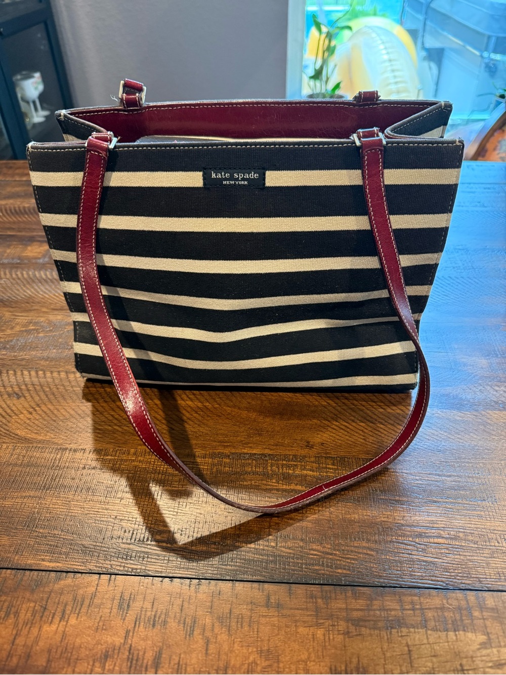 Vintage 90s Kate Spade Canvas Striped Tote Shoulder Bag Red Leather Trim